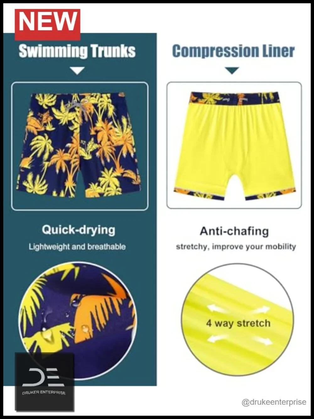 Men's Swim Trunks with Compression Liner 5 Inch Quick Dry UPF 50+